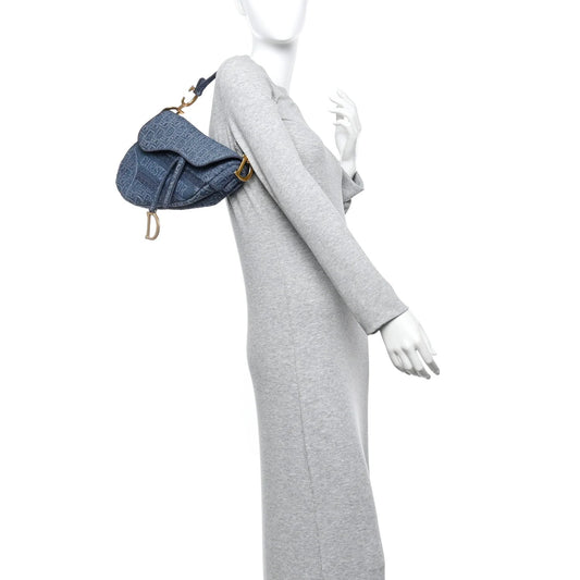 Oblique Embroidered Saddle Bag Denim Blue