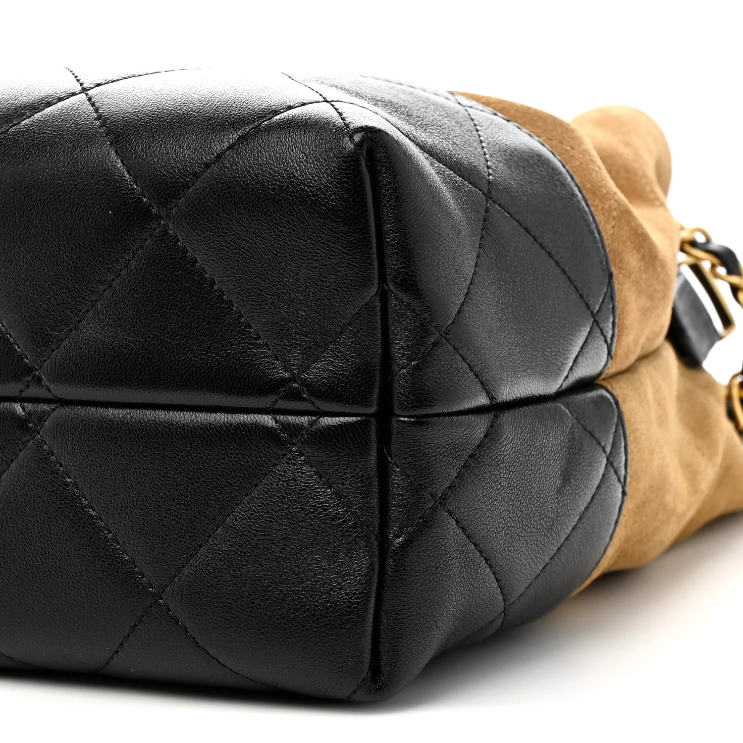 Suede Calfskin Shiny Lambskin Quilted Large Shopping Bag Beige Black