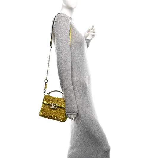 Sequin Crystal Embroidered Mini Vsling Top Handle Bag Yellow