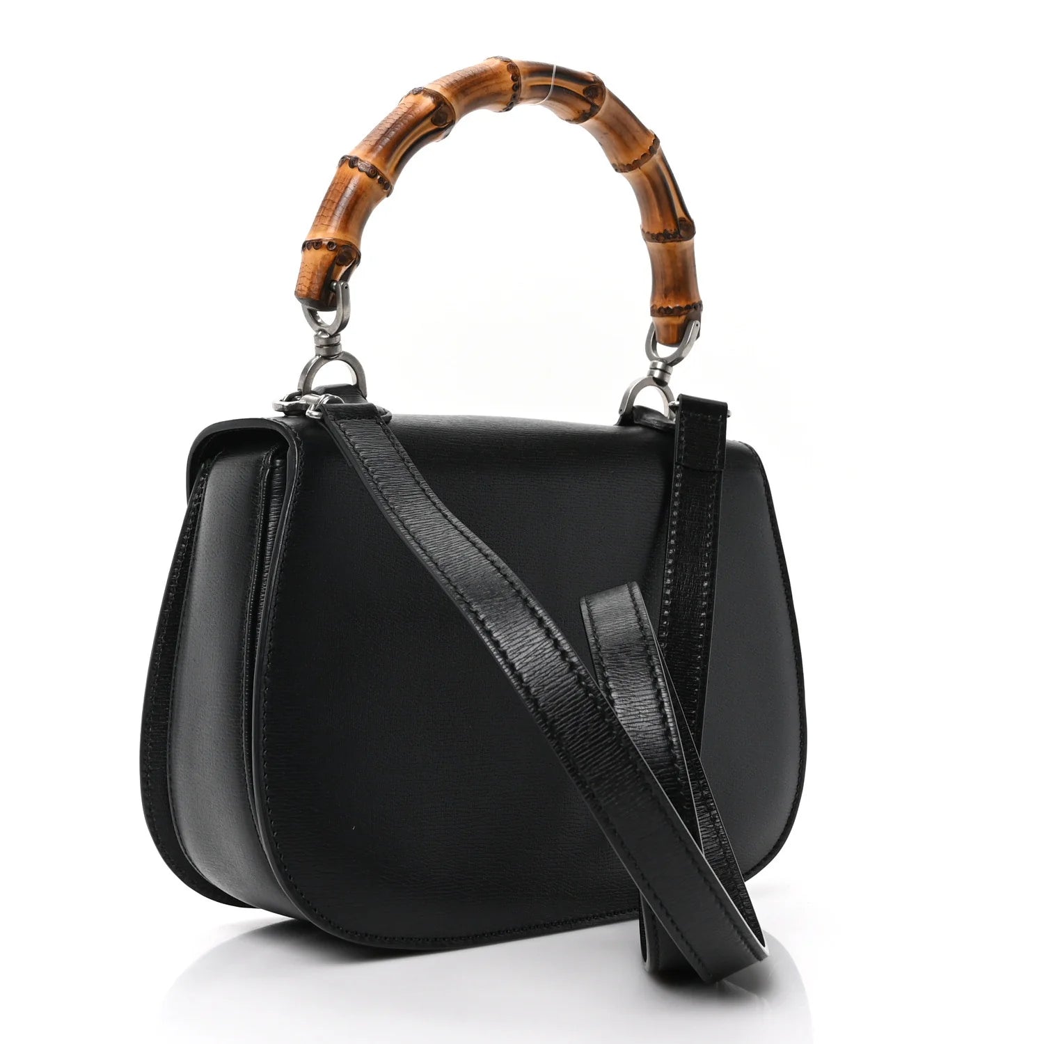 Shangai Calfskin Small Classic Bamboo Top Handle Bag Black