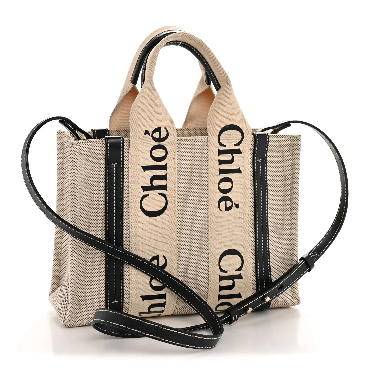 Cotton Calfskin Small Woody Ribbon Tote with Strap White Navy