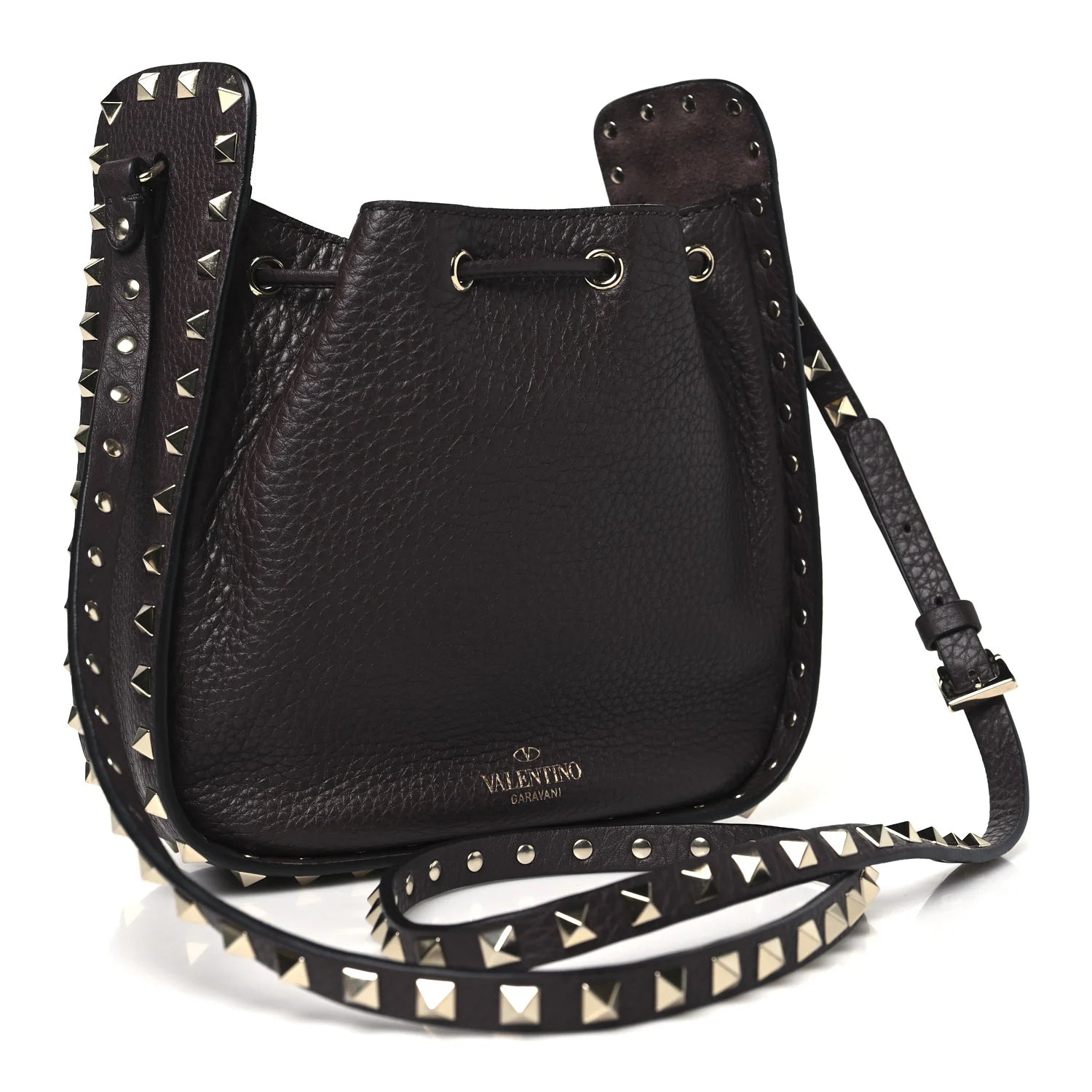 Grained Calfskin Rockstud Bucket Bag Vinaccia