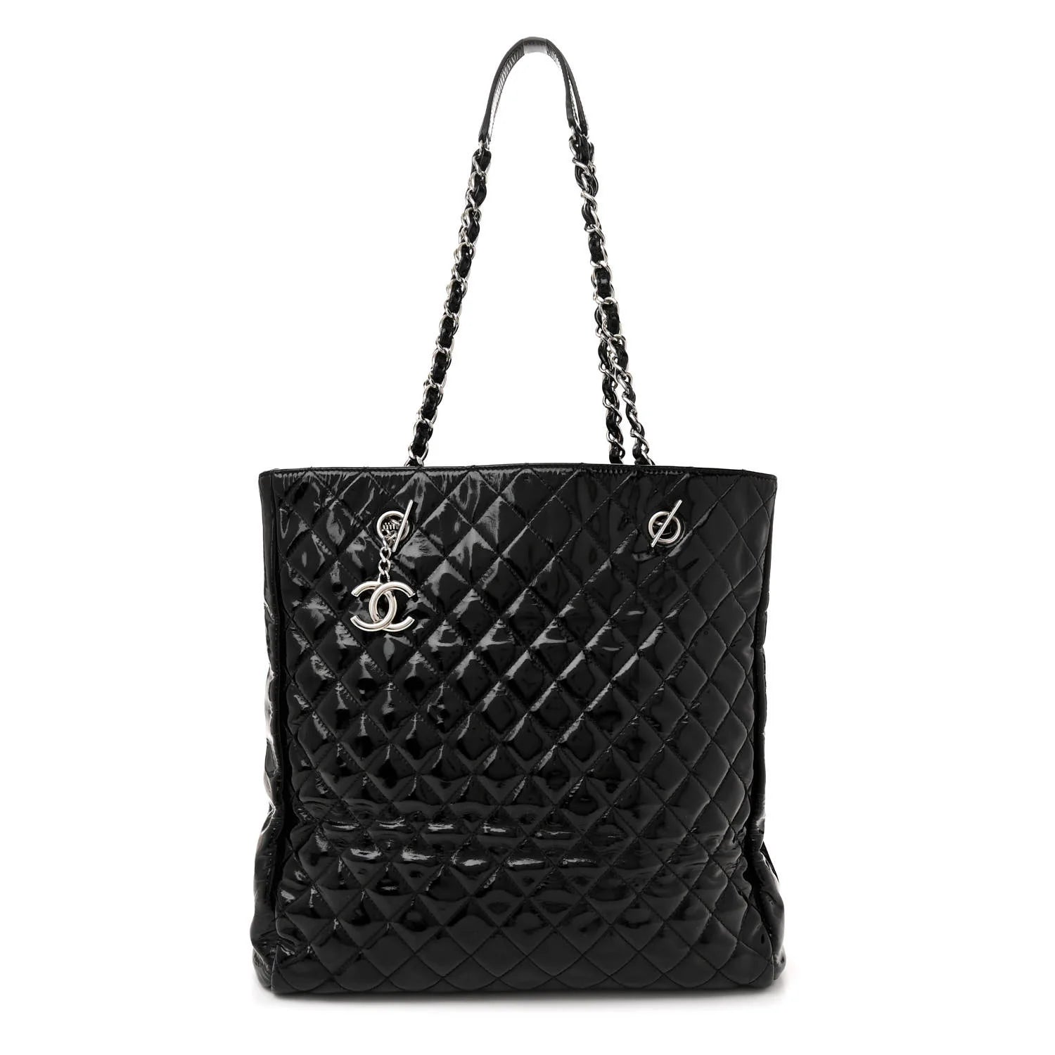 Patent Quilted Large Shopping Tote Black