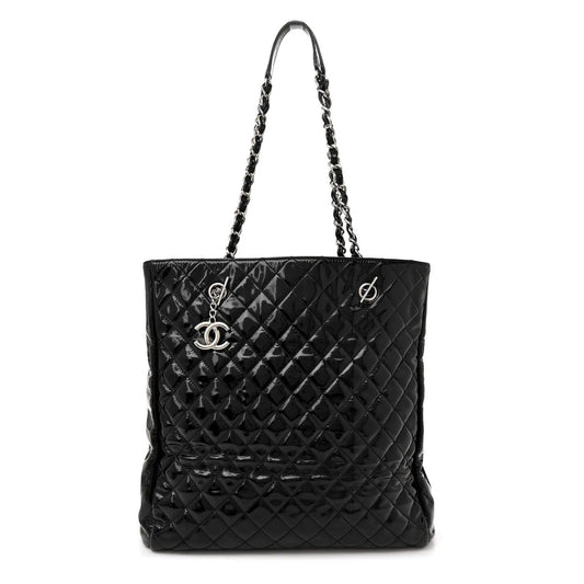 Patent Quilted Large Shopping Tote Black