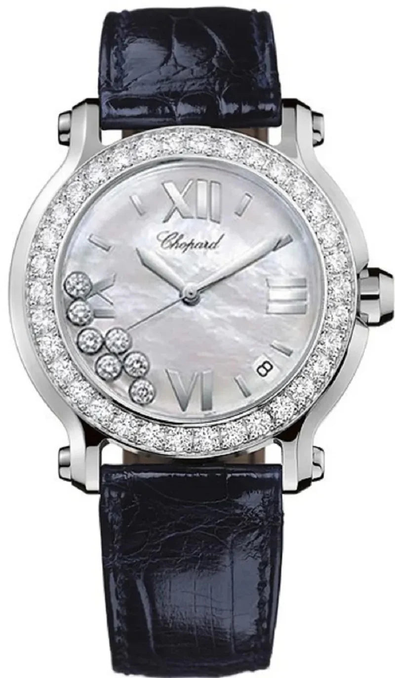 Unworn  Happy Sport, Stainless Steel and 18K White Gold, 7 Floating Diamonds, 36Mm, Ref# 278475-3038, Box and Papers