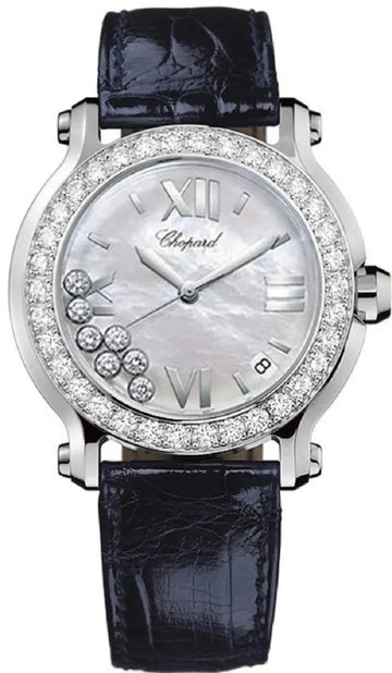 Unworn  Happy Sport, Stainless Steel and 18K White Gold, 7 Floating Diamonds, 36Mm, Ref# 278475-3038, Box and Papers