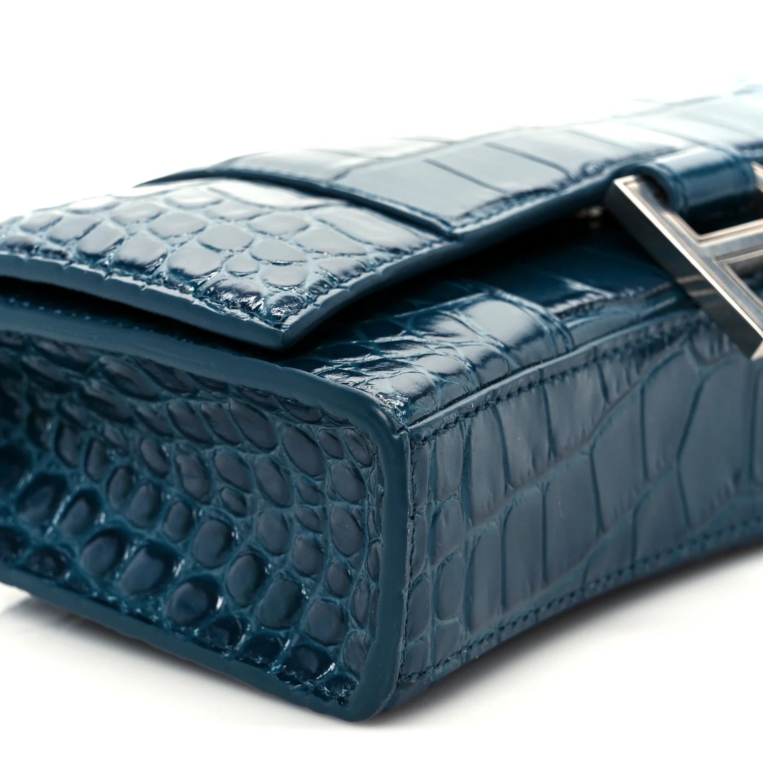 Shiny Calfskin Crocodile Embossed Hourglass Chain Bag Forest Green