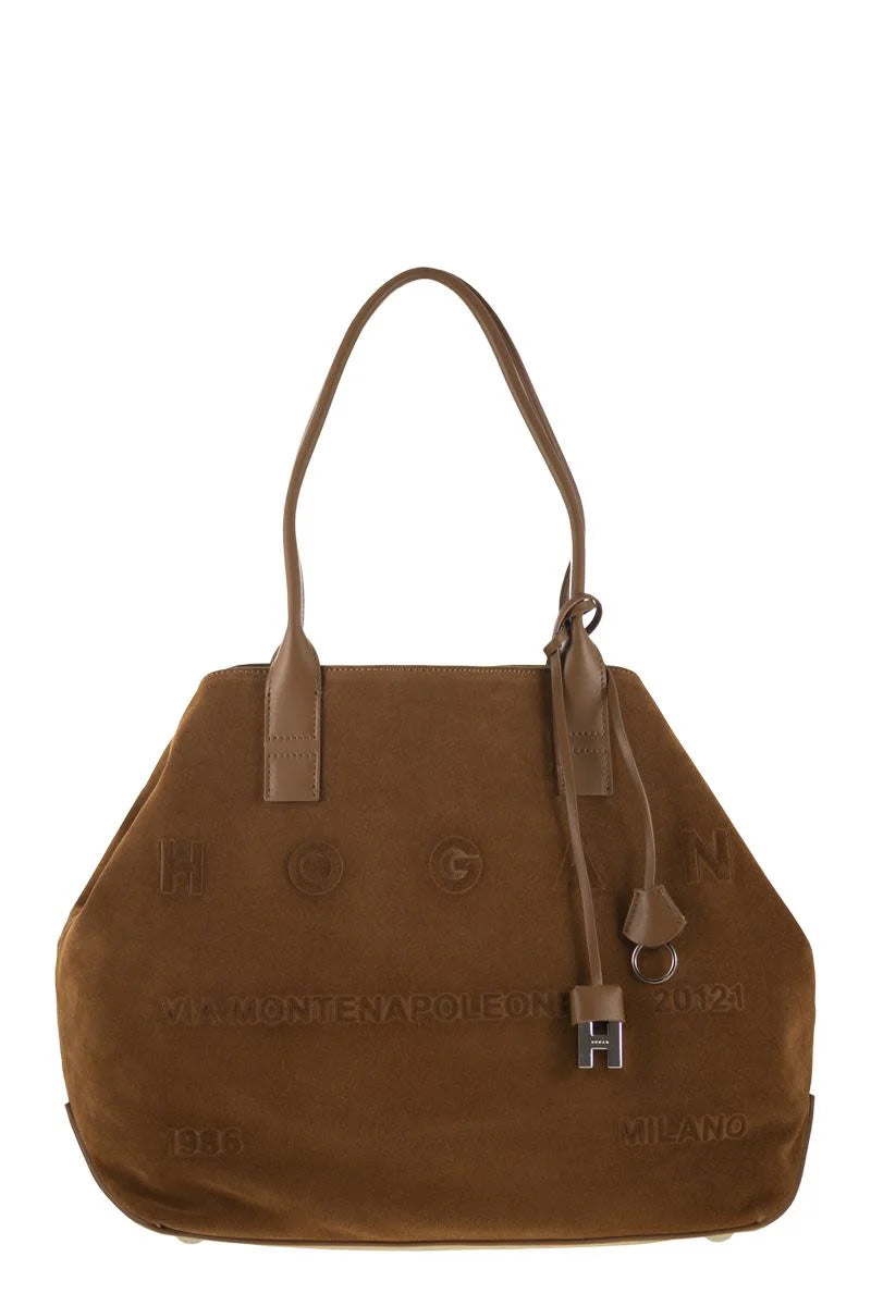 MEDIUM SCRIPT SHOPPING BAG in SUEDE