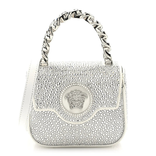 Satin Crystal Studded Mini La Medusa Bag White