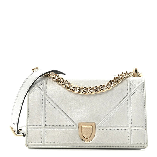 Metallic Grained Calfskin Diorama Wallet on Chain Pouch Silver