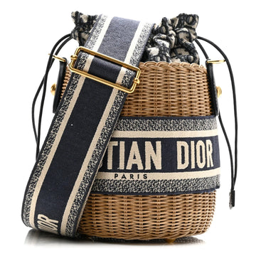 Wicker Oblique Drawstring Bucket Bag Blue