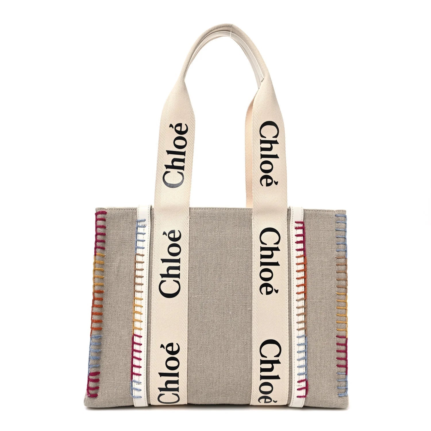 Linen Canvas Calfskin Blanket Stitched Medium Woody Ribbon Tote White Multicolor