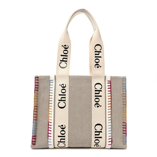 Linen Canvas Calfskin Blanket Stitched Medium Woody Ribbon Tote White Multicolor