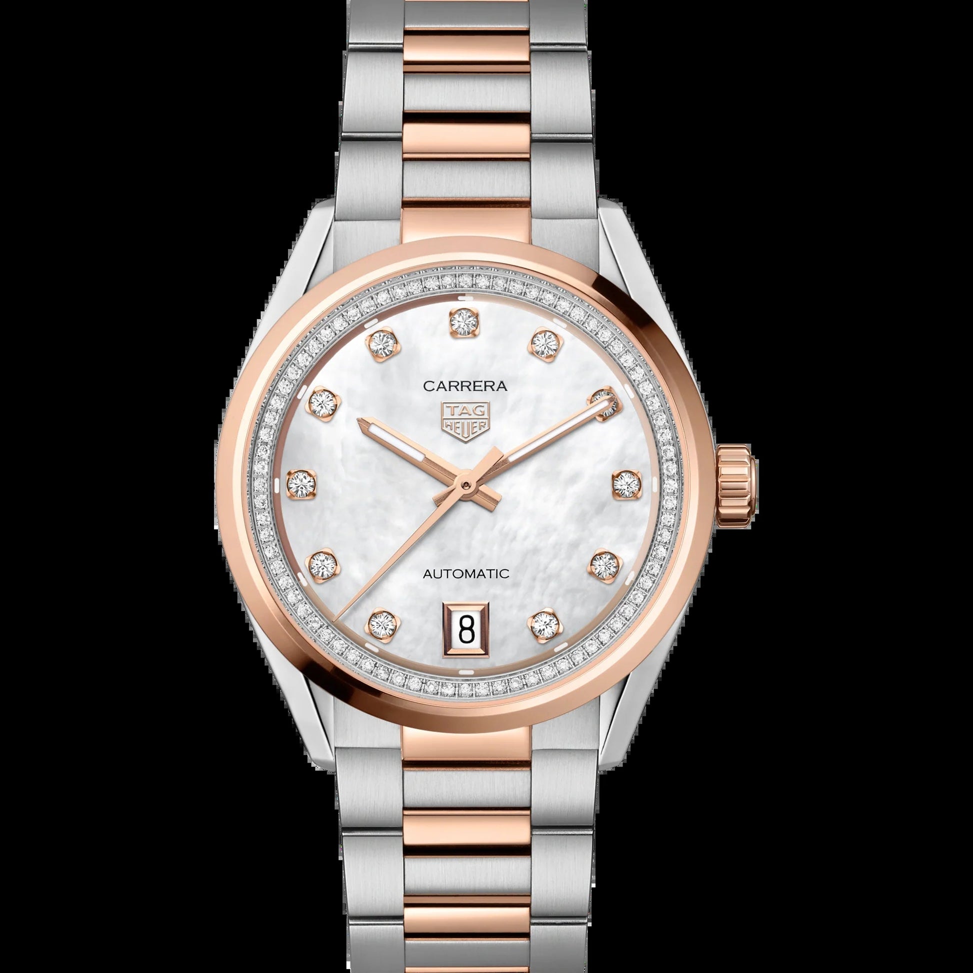 Unworn  Carrera Calibre 7 Date, Stainless Steel and 18K Rose Gold Set with Diamonds, 36Mm, Ref# WBN2351.BD0000, Box & Papers