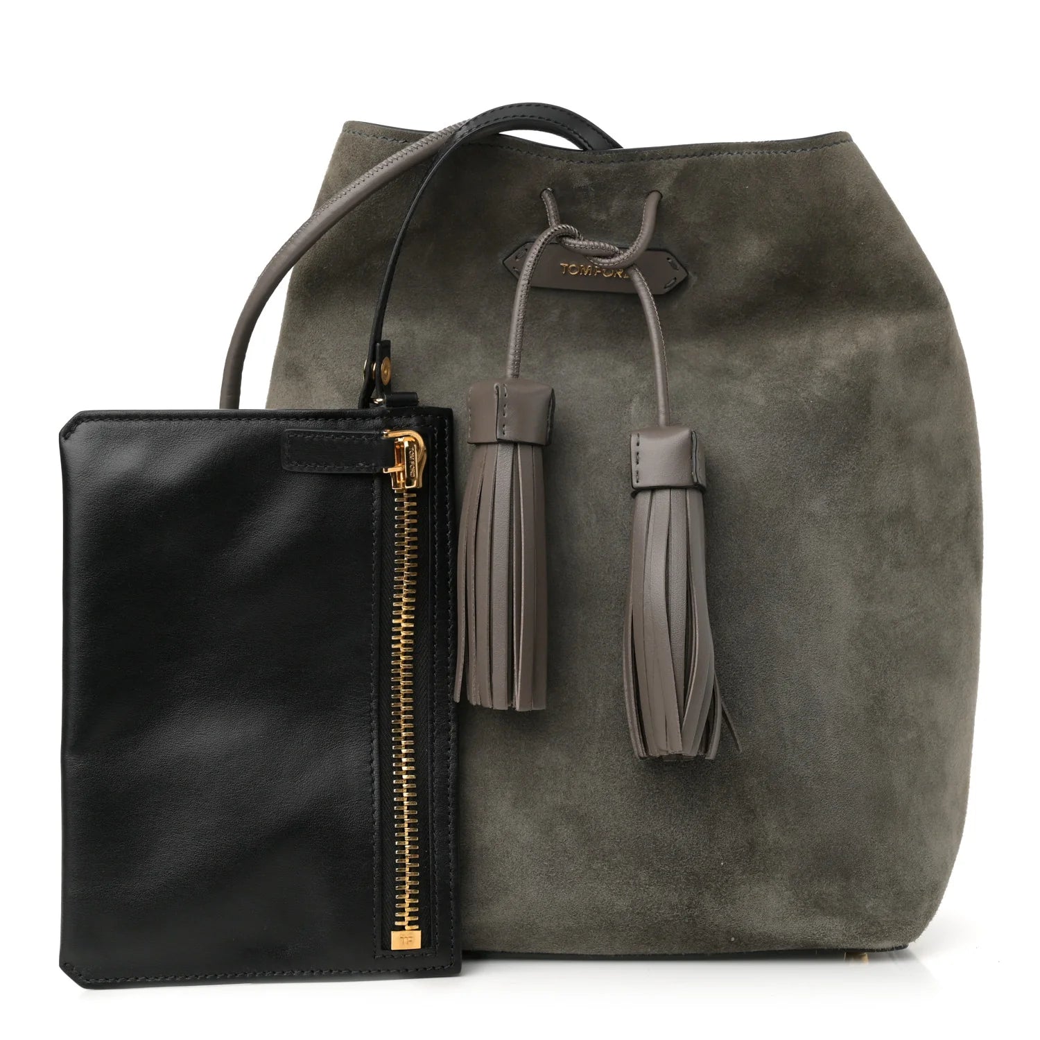 Suede Medium Double Tassel Bucket Bag Graphite