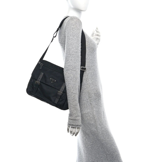Tessuto Nylon Saffiano Double Buckle Messenger Shoulder Bag Black