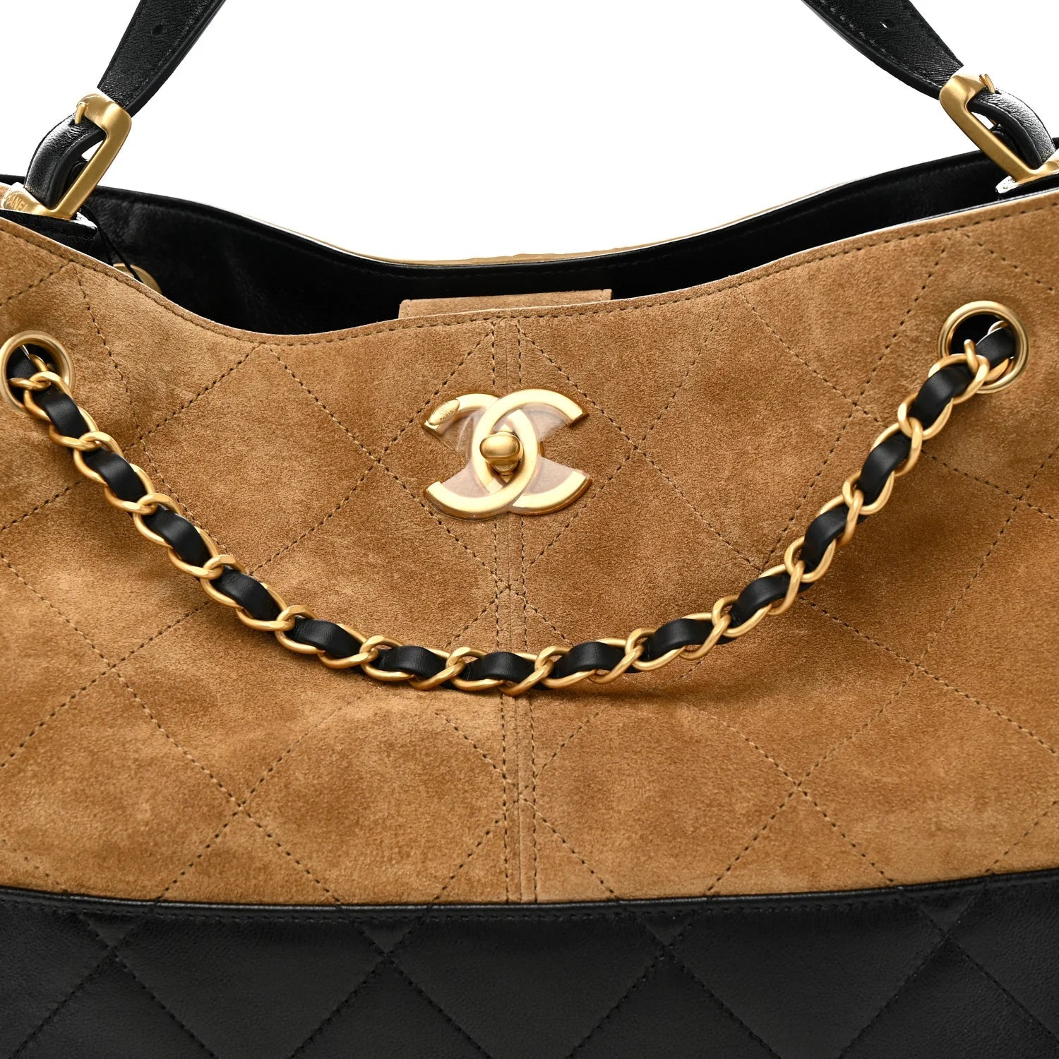 Suede Calfskin Shiny Lambskin Quilted Large Shopping Bag Beige Black