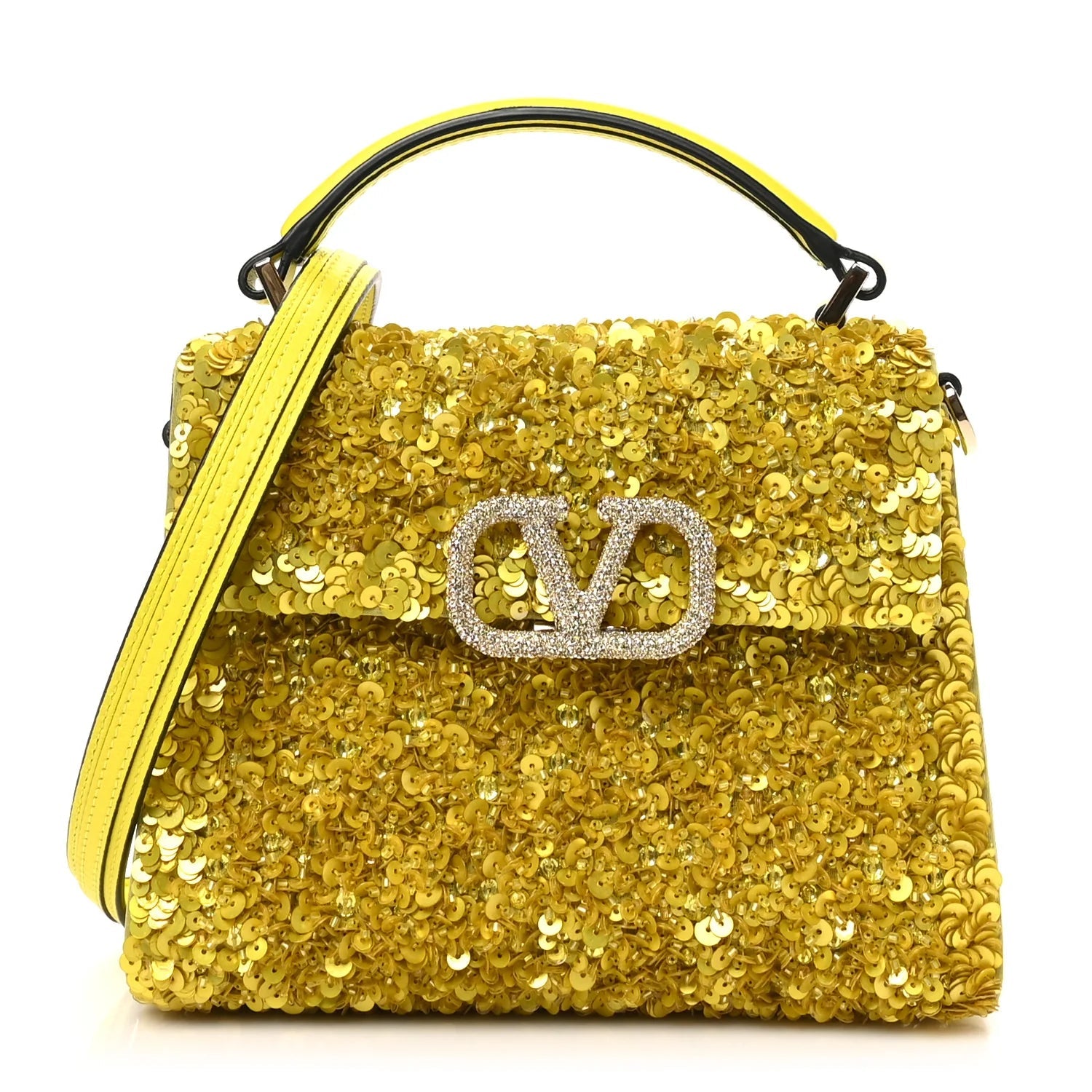 Sequin Crystal Embroidered Mini Vsling Top Handle Bag Yellow