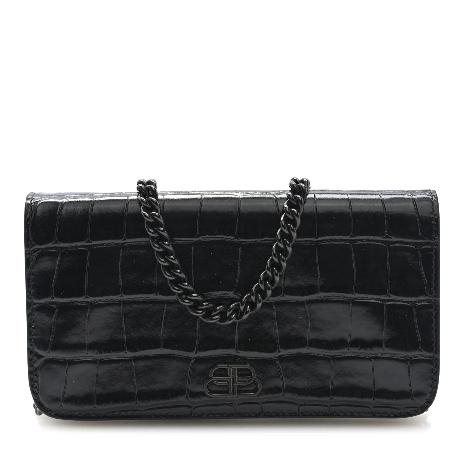 Shiny Calfskin Crocodile Embossed BB Phone Holder Wallet on Chain Black