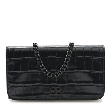 Shiny Calfskin Crocodile Embossed BB Phone Holder Wallet on Chain Black