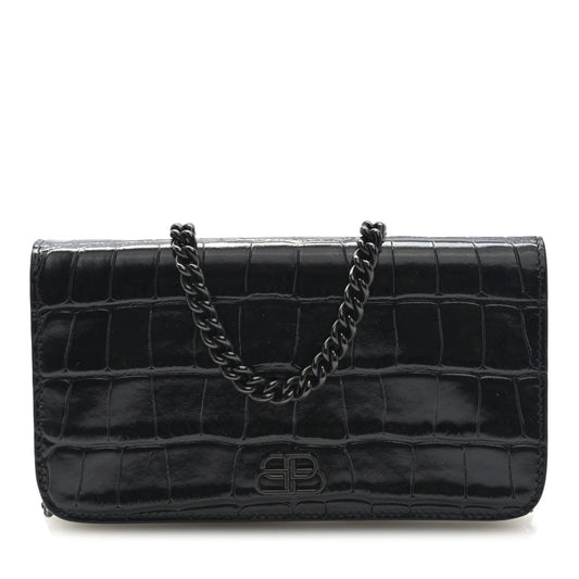 Shiny Calfskin Crocodile Embossed BB Phone Holder Wallet on Chain Black