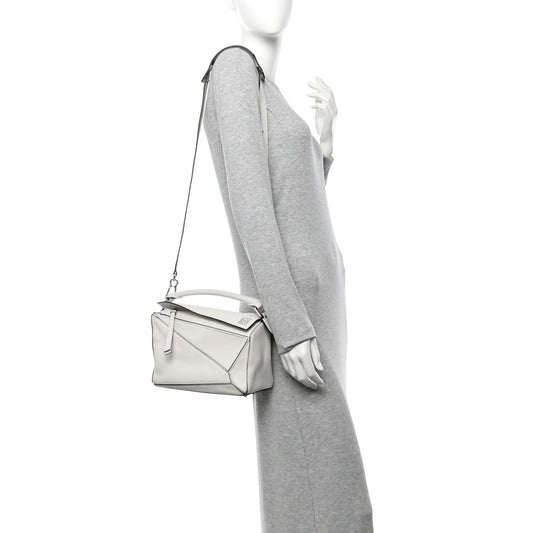 Grained Calfskin Small Puzzle Bag White