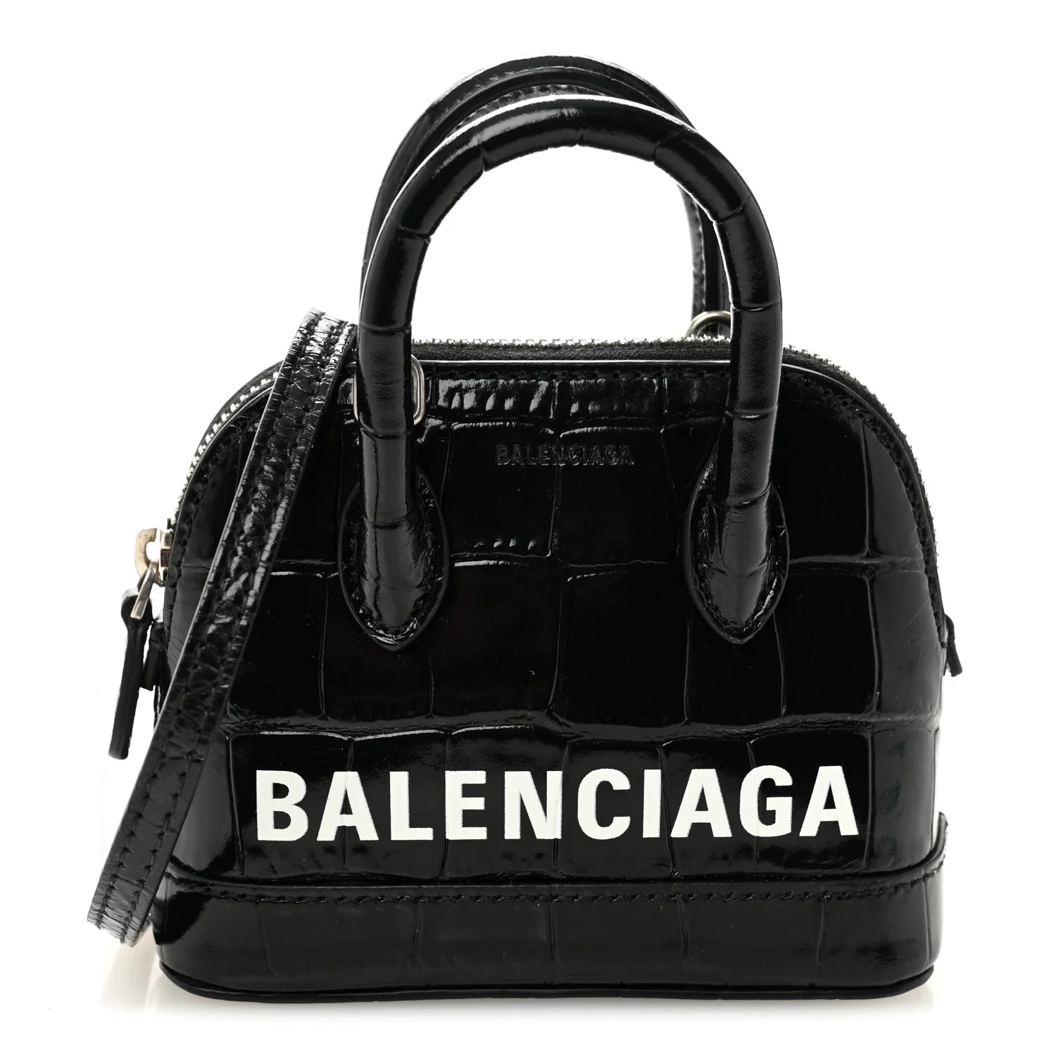 Shiny Calfskin Logo Crocodile Embossed Mini Ville Top Handle Bag Black