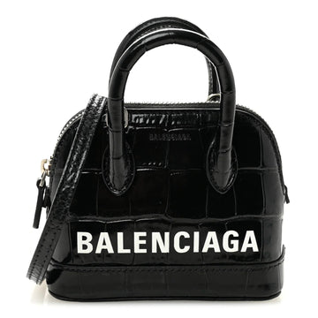 Shiny Calfskin Logo Crocodile Embossed Mini Ville Top Handle Bag Black