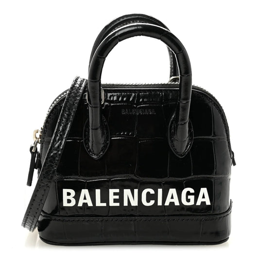 Shiny Calfskin Logo Crocodile Embossed Mini Ville Top Handle Bag Black
