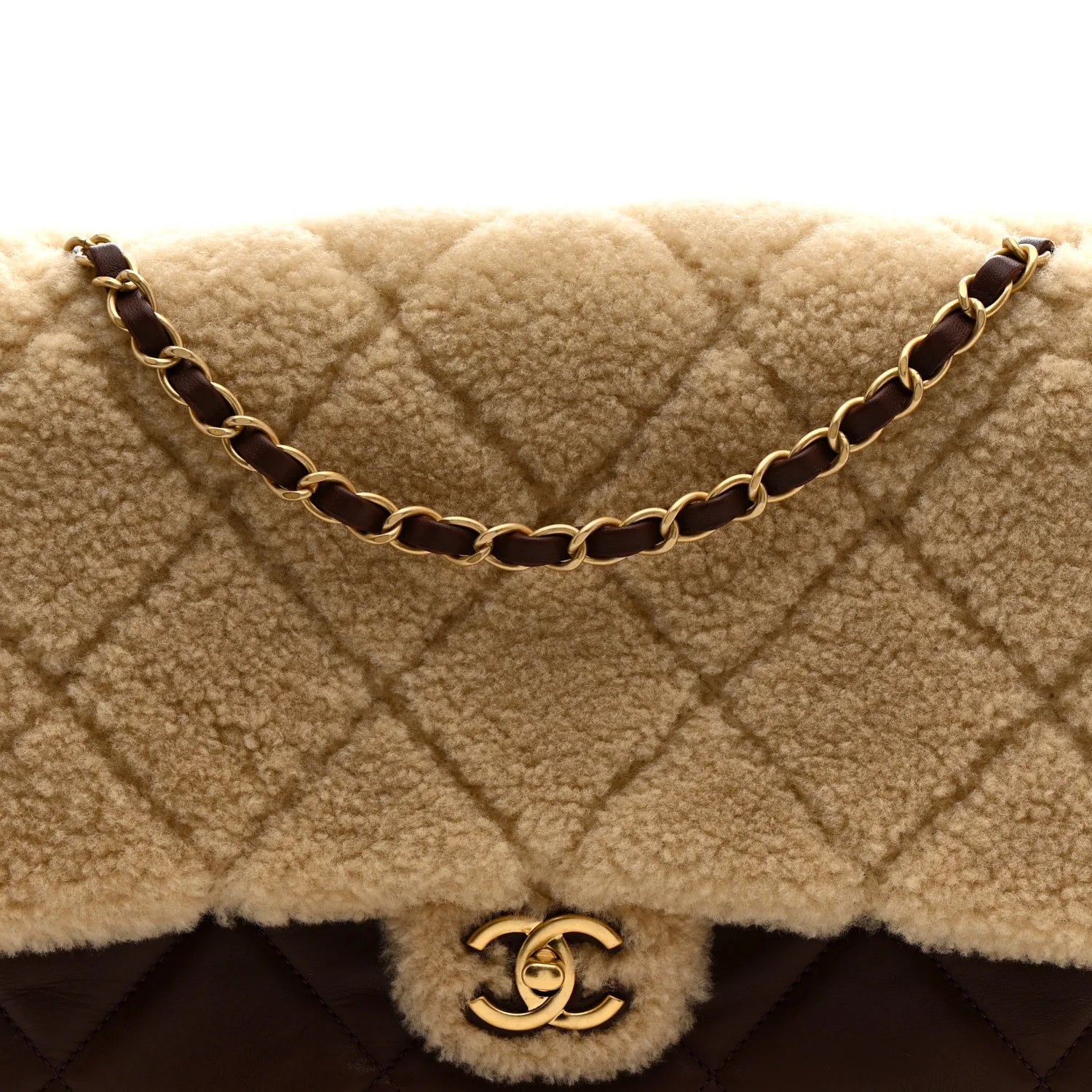 Shearling Lambskin Quilted Large Furry Coco Flap Beige Brown