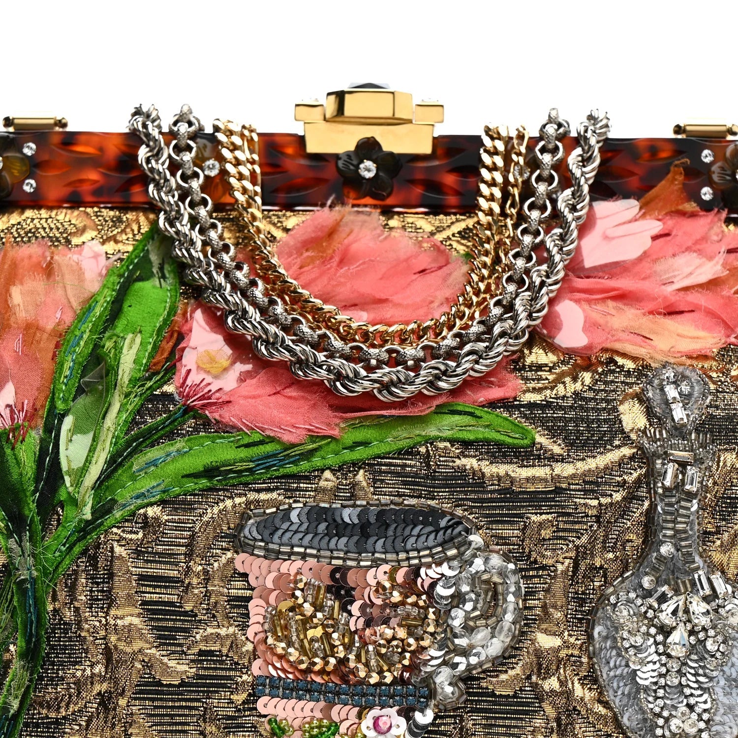 Silk Crystal Beaded Sequin Plexiglass Floral Vanda Circles Chain Clutch Multicolor