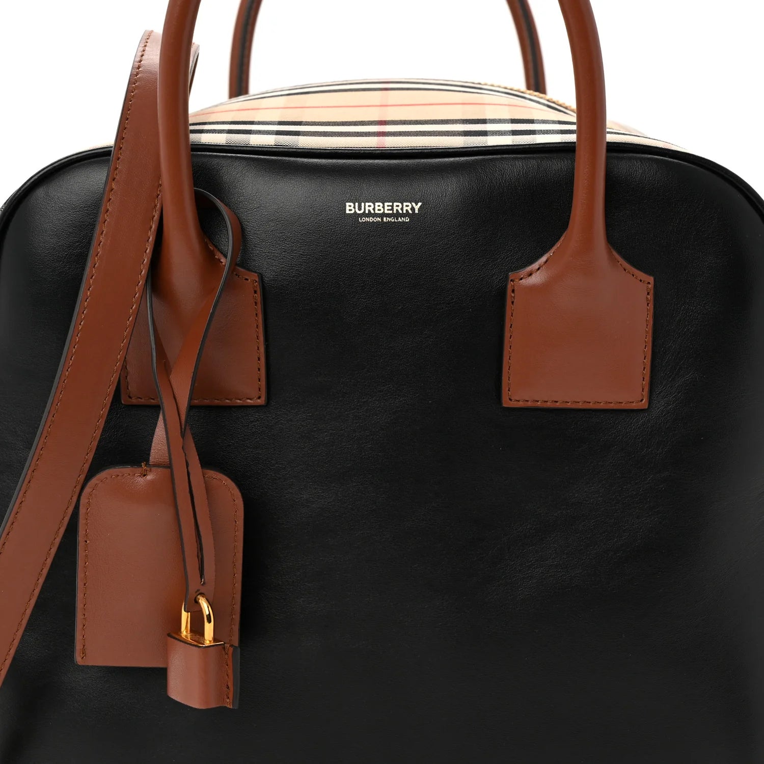 Smooth Calfskin House Check Medium Cube Bowling Bag Archive Beige