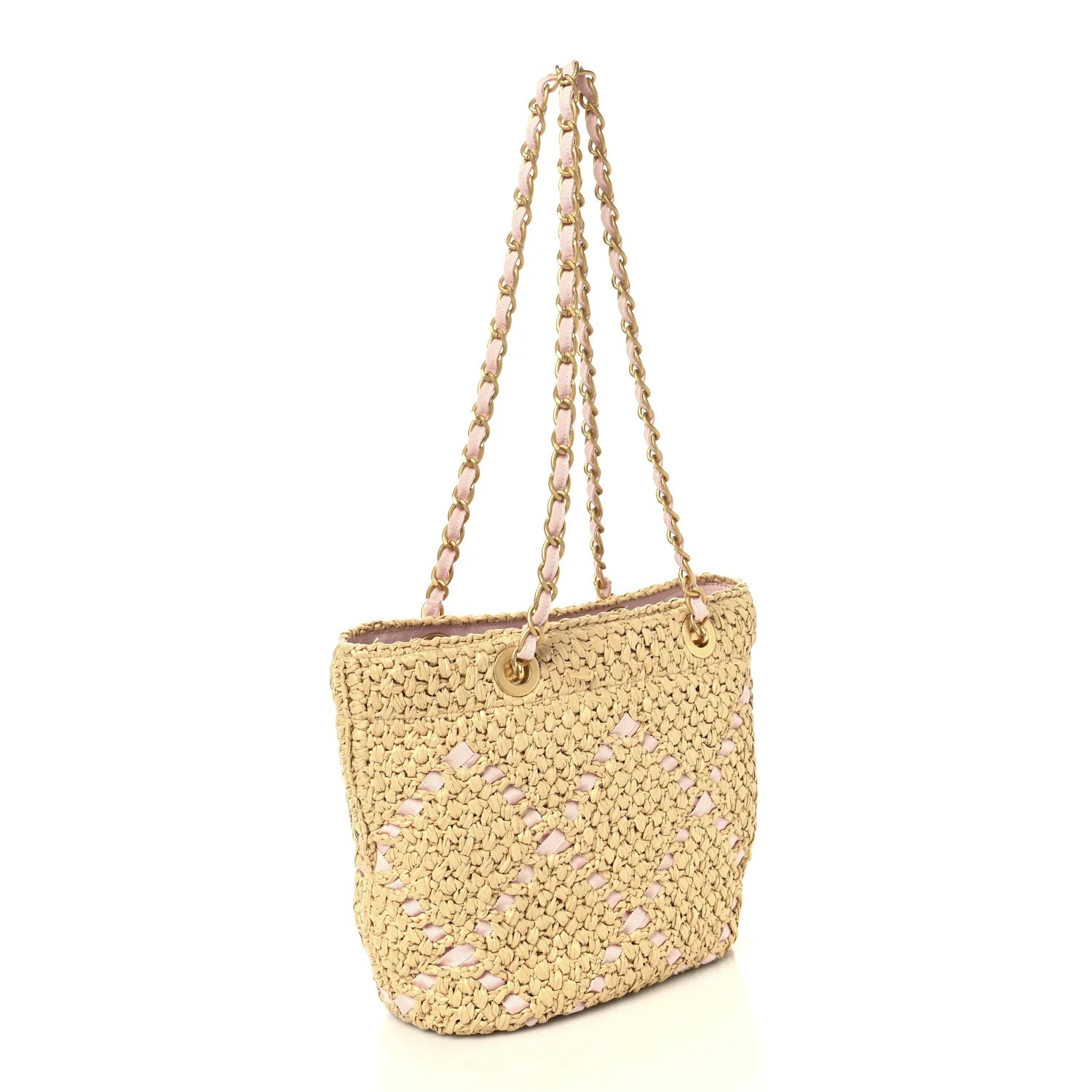 Raffia Braided Grosgrain Ribbon Small Shopping Bag Beige Light Pink