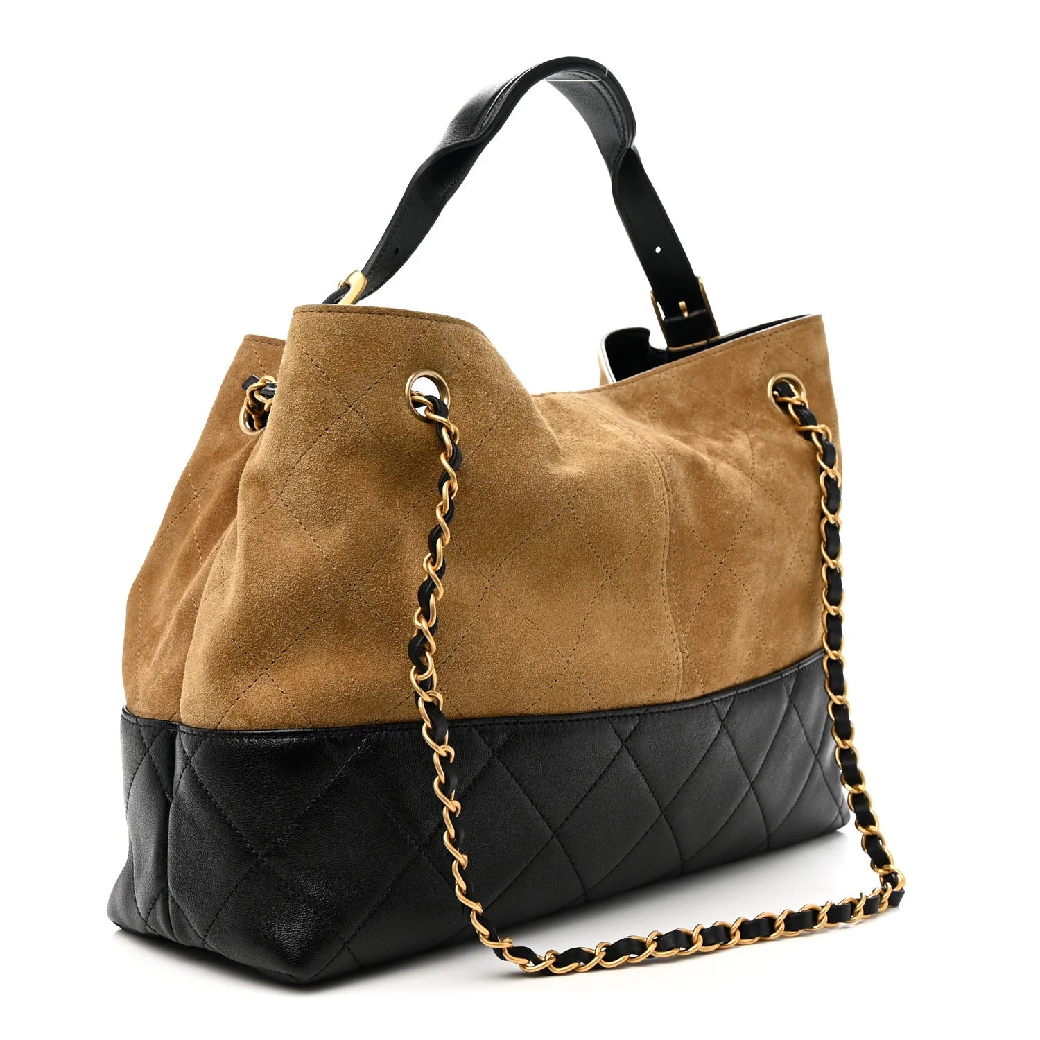 Suede Calfskin Shiny Lambskin Quilted Large Shopping Bag Beige Black