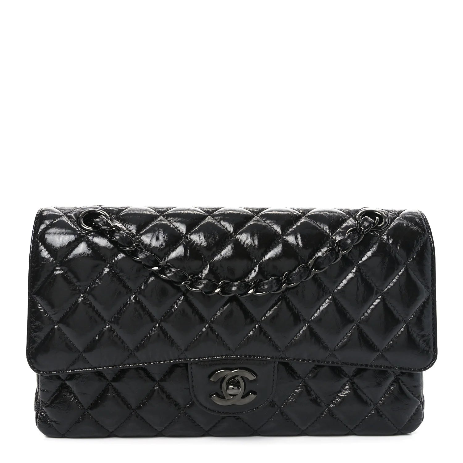 Shiny Crumpled Calfskin Quilted Medium Double Flap so Black