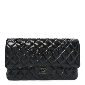 Shiny Crumpled Calfskin Quilted Medium Double Flap so Black