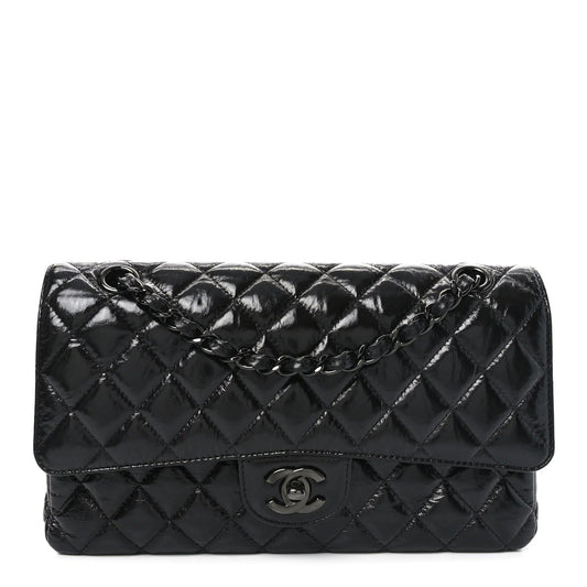 Shiny Crumpled Calfskin Quilted Medium Double Flap so Black