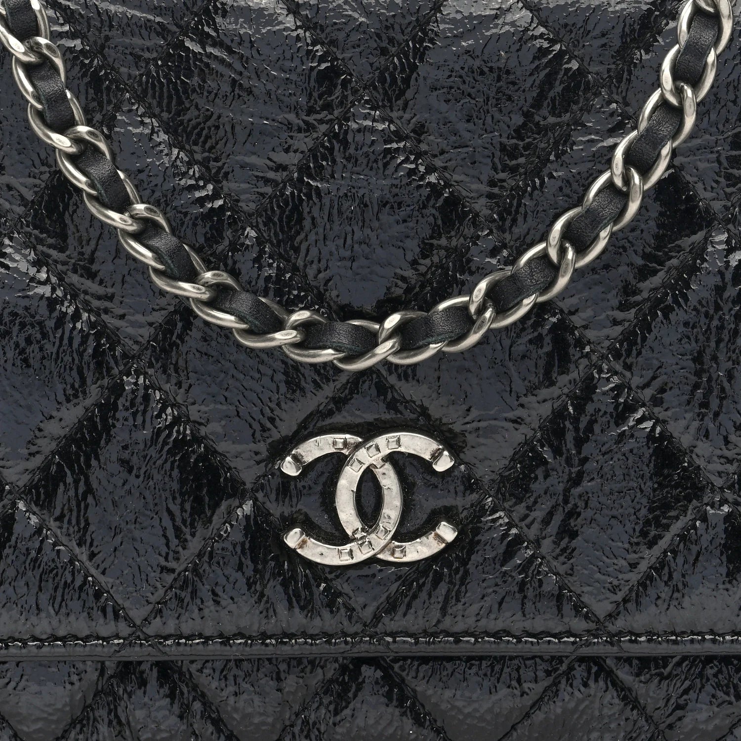 Patent Goatskin Quilted Paris Dallas Wallet on Chain WOC Black