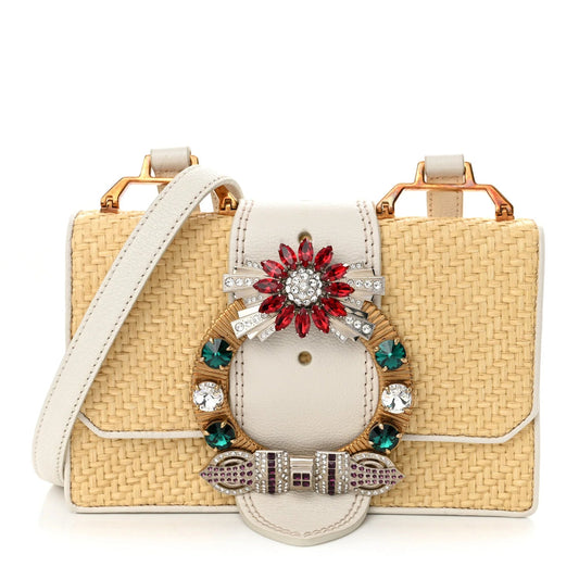 Raffia Madras Crystal Embellished Lady Shoulder Bag Naturale White