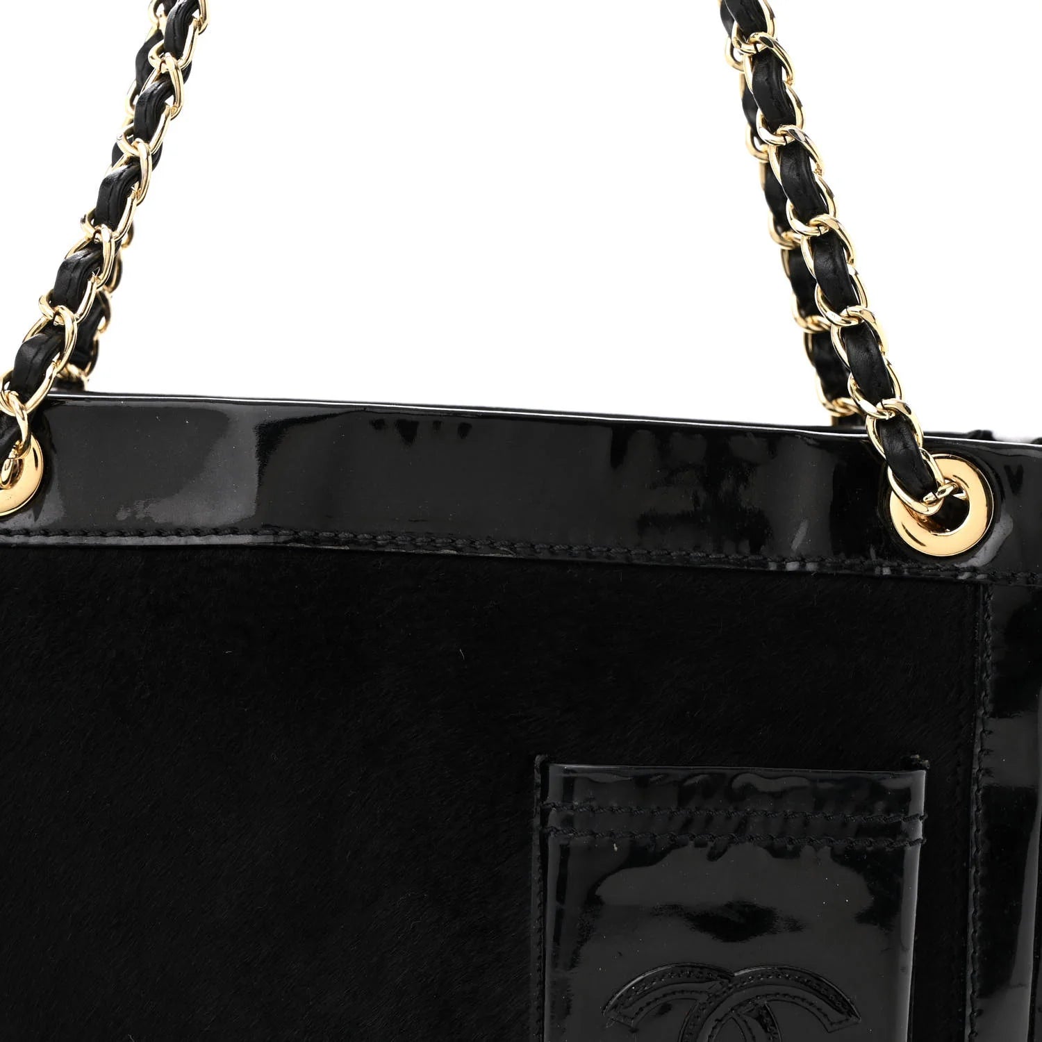 Patent Pony Hair Small Pocket Tote Black