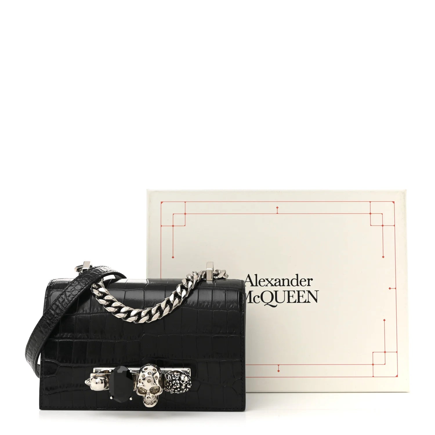 Shiny Calfskin Crocodile Embossed Mini Jeweled Satchel Black