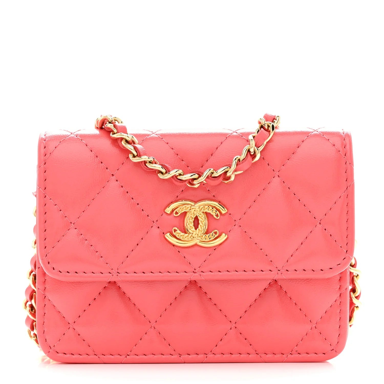 Shiny Lambskin Quilted Card Holder on Chain Pink