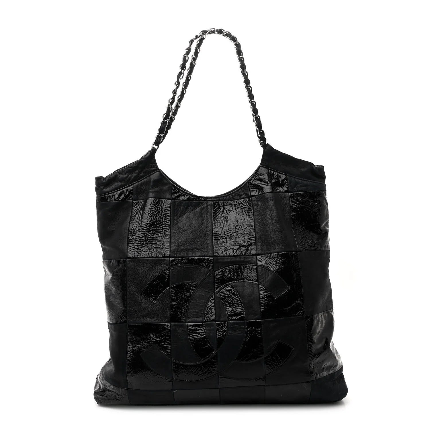 Patent Calfskin Patchwork Brooklyn Tote Black