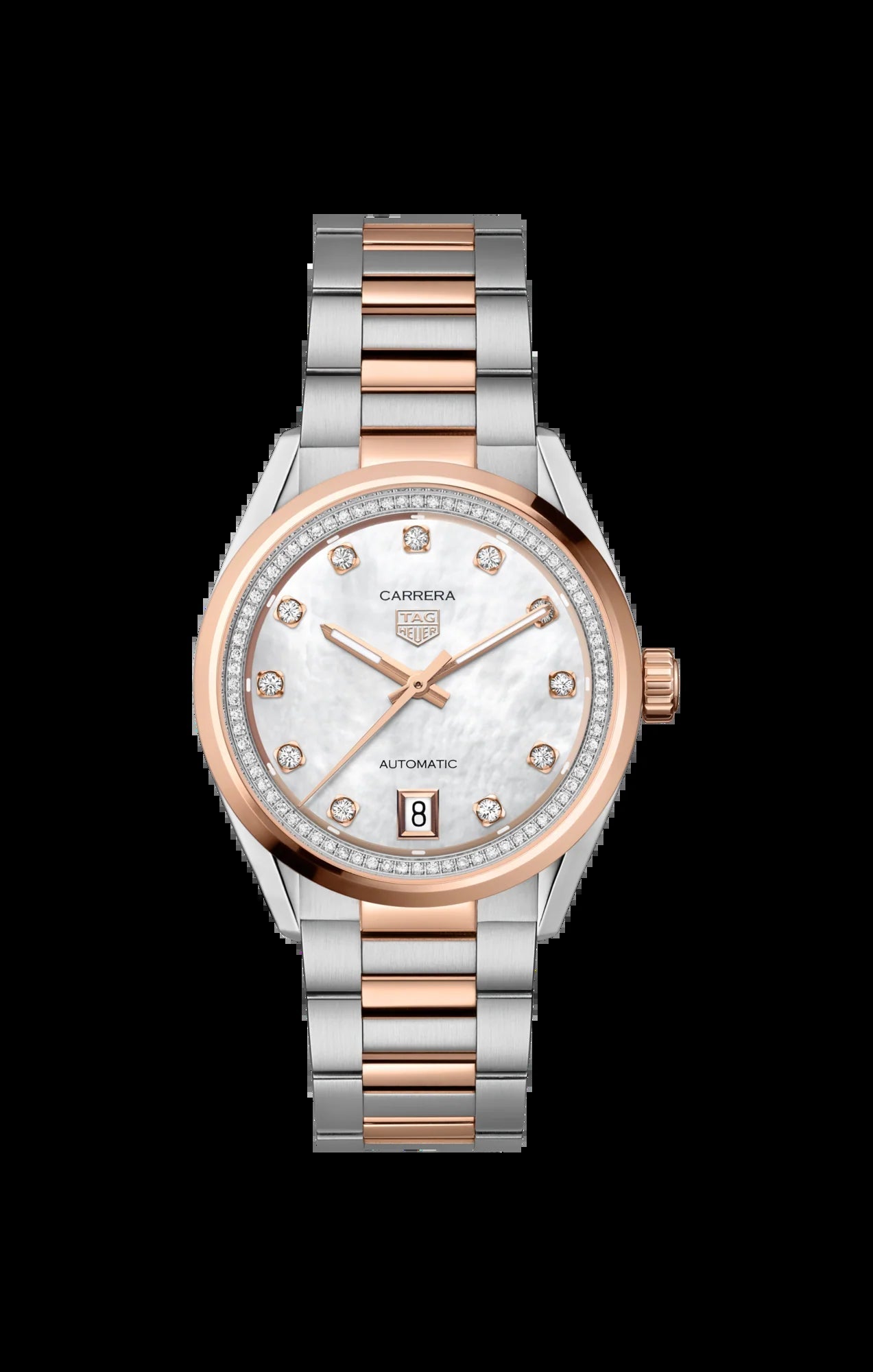 Unworn  Carrera Calibre 7 Date, Stainless Steel and 18K Rose Gold Set with Diamonds, 36Mm, Ref# WBN2351.BD0000, Box & Papers