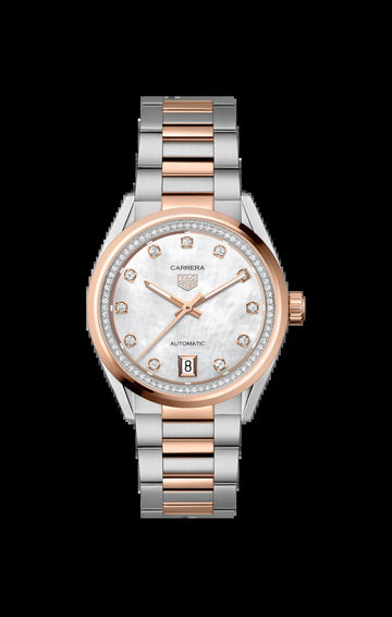 Unworn  Carrera Calibre 7 Date, Stainless Steel and 18K Rose Gold Set with Diamonds, 36Mm, Ref# WBN2351.BD0000, Box & Papers