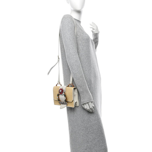 Raffia Madras Crystal Embellished Lady Shoulder Bag Naturale White