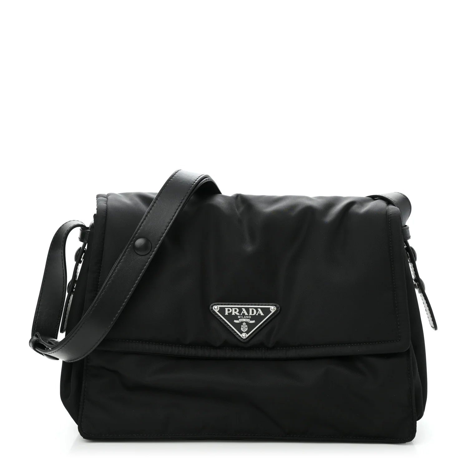 Re-Nylon Vitello Padded Large Flap Shoulder Bag Black