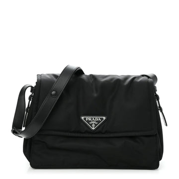 Re-Nylon Vitello Padded Large Flap Shoulder Bag Black