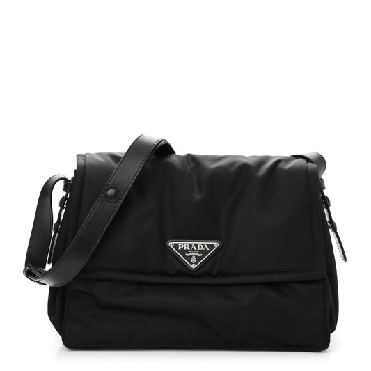 Re-Nylon Vitello Padded Large Flap Shoulder Bag Black