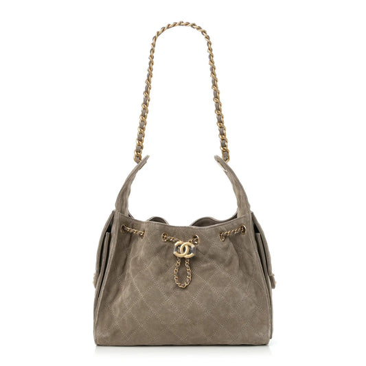 Suede Quilted Small  25 Handbag Dark Grey